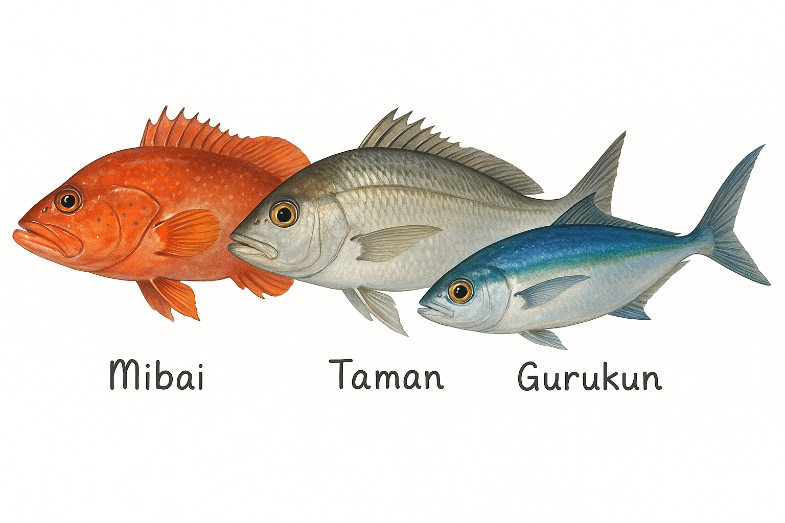 半日貸切プランで釣れる魚【那覇近郊】・ミーバイ(ハタの仲間) ・タマン(フエフキダイ) ・グルクン(沖縄県魚)